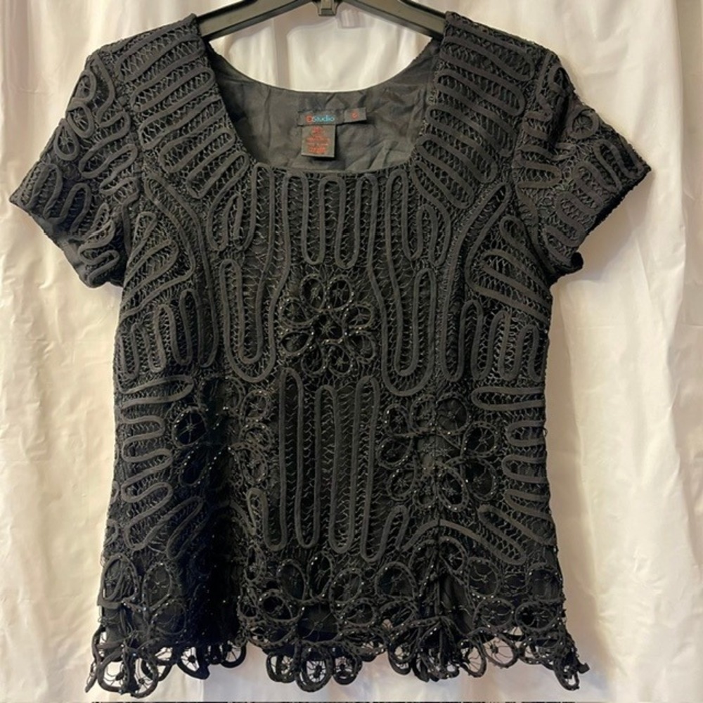 DStudio Vntg 100% Silk Luxe Soutache Embroidered Beaded Blouse Square Neck Sz 6